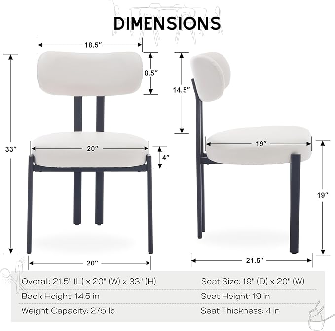 HEAH-YO White Dining Chairs Set of 2, Faux Leather Upholstered Kitchen Chairs with Open Back, Modern Armless Side Chairs with Waterproof Surface and Metal Legs Guest Chairs for Home and Restaurant