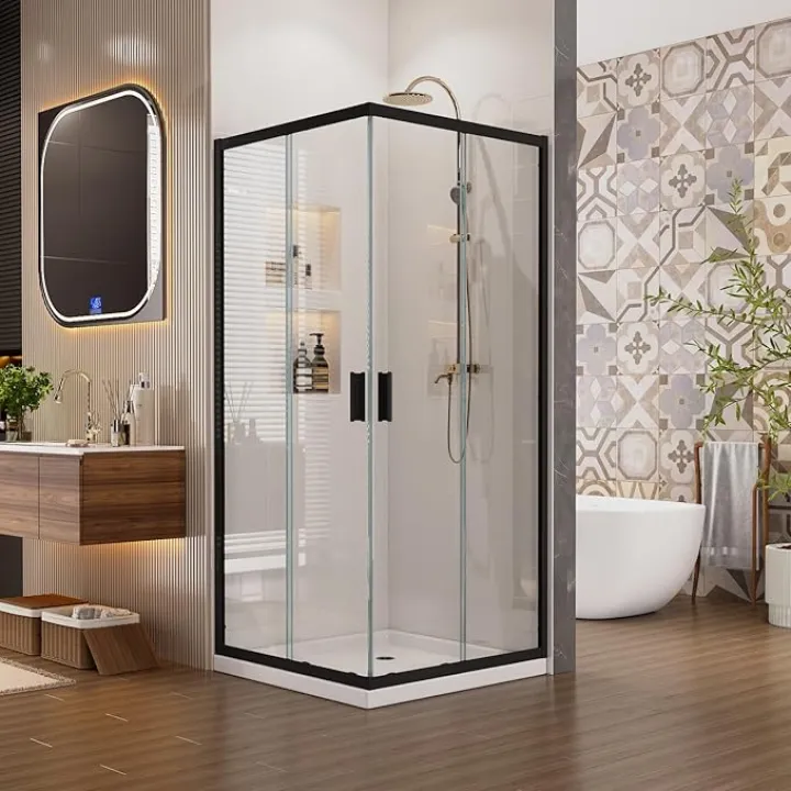Sunrosa Corner Sliding Shower Enclosure 34" x 34" x 76", Tempered Glass 1/4 in. Double Sliding Shower Door, Corner Shower Door Black