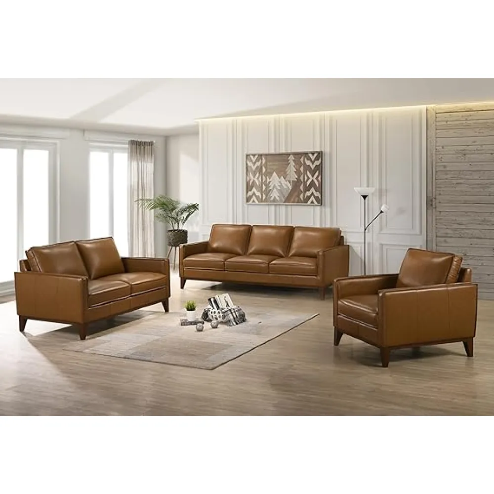 New Classic Furniture Caspar 3-Piece Leather Living Room Set with Sofa, Loveseat and Chair, Caramel