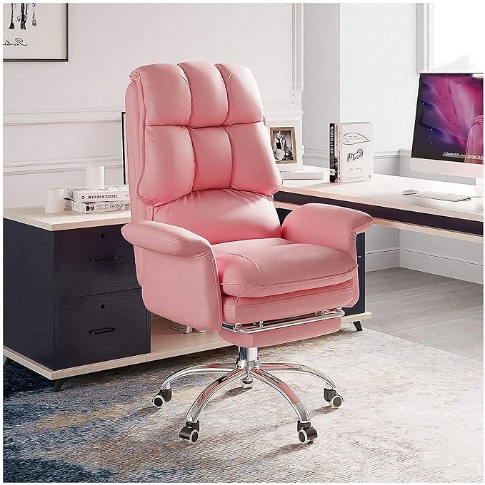 Swivel Office Chair, with Footrest, Executive High Back Reclinable Modern Pu Leather - Comfortable Desk Chair for Home and Office (Pink)