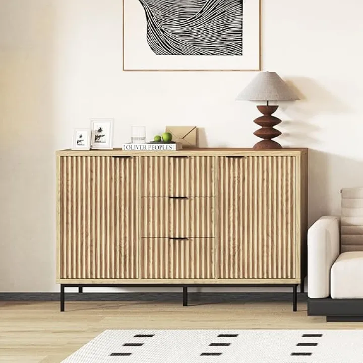 Fluted Buffet Cabinet with Storage, Modern Sideboard with 2 Doors 3 Drawers and Adjustable Shelf, Coffee Bar Cabinet Credenza Buffet Table for Kitchen, Living Room, Oak