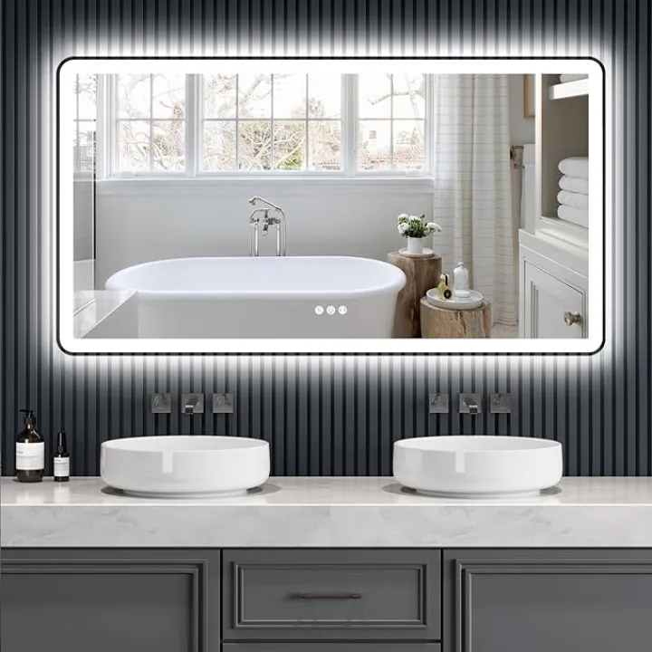 55x30 Bathroom Mirror with Lights, Backlit & Front Lights, Rounded Corner Frameless, 3 Colors & Dimmable Bathroom Vanity Mirror, Anti-Fog, Shatterproof Tempered Glass (Horizontal/Vertical)