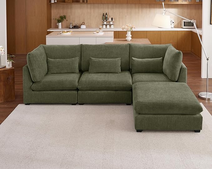 Oversized Modular Sofa, Extra Deep Cloud Chenille Sectional Couch with Ottoman Chaise, Fluffy Chenille 4 Seat L-Shaped Sofa for Living Room, Villa (L Shape 4 Seater, Chenille Green)