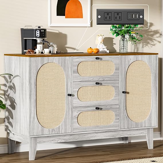 47''W Large Buffet Sideboard Cabinet with Charging Station, Rattan Credenza Kitchen Storage Cabinet with 3 Drawers & 2 Doors, Buffet Table Coffee Bar Wine Bar for Dining Room Living Room