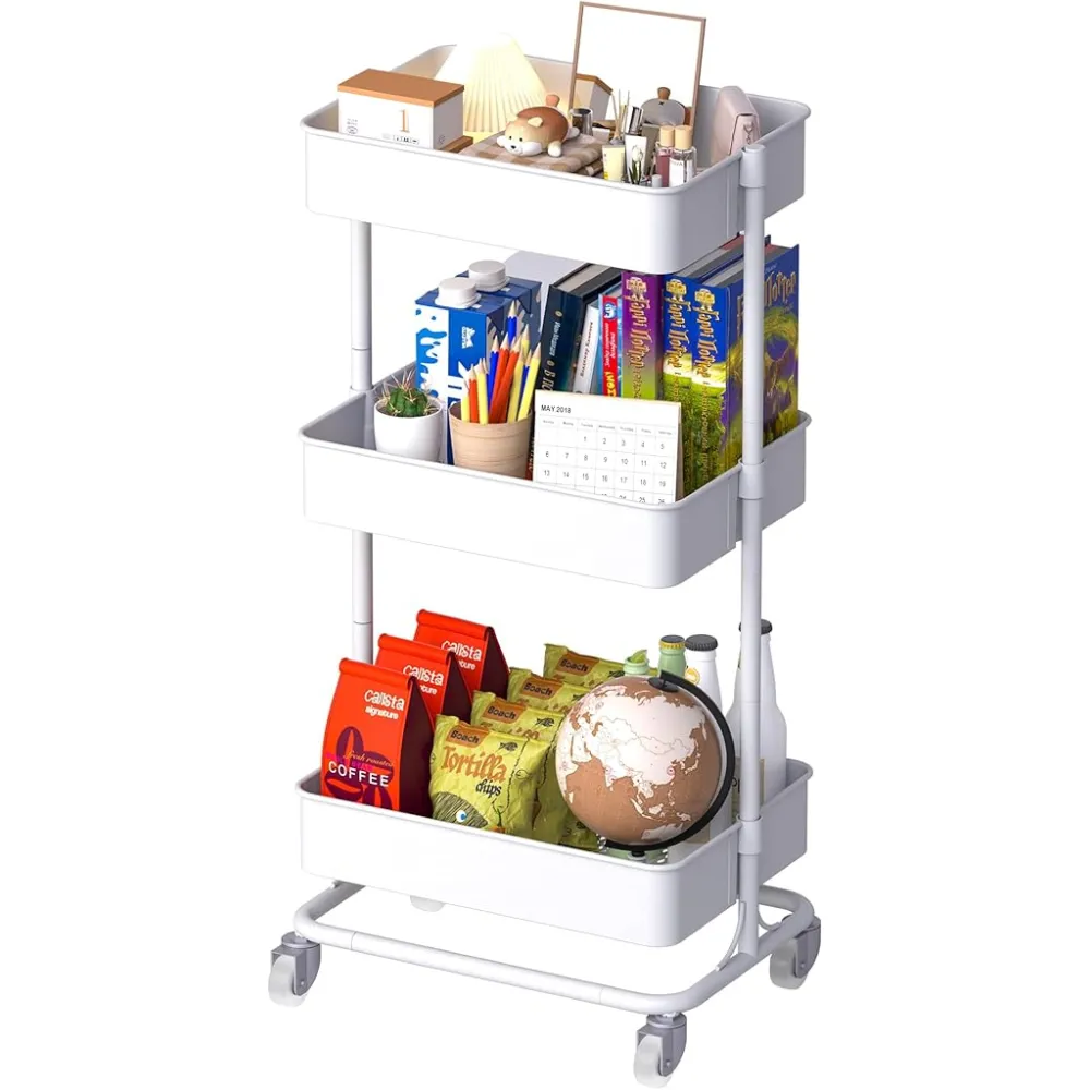 TECBOT 3 Tier Metal Rolling Cart with Wheels, Utility Storage Cart with Handle and Lockable Casters, Storage Basket Organizer Shelves, Easy Assemble for Kitchen, Living Room, Office, Nursery, White