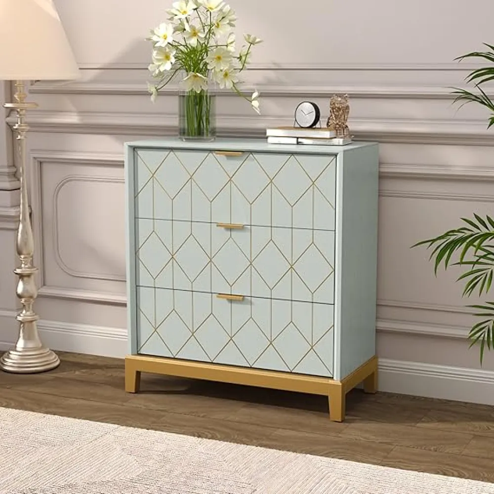 HLR 3 Drawer Dresser for Bedroom, Modern Wood Chest of Drawers with Gold Trim, Accent Dresser Storage Tower, Green Organizer Cabinet for Closet, Living Room, Hallway, Entryway