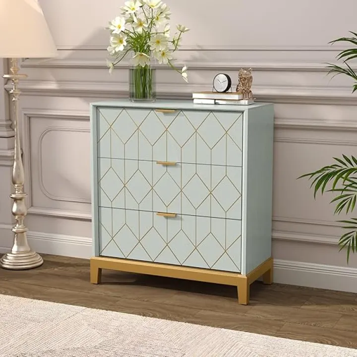 HLR 3 Drawer Dresser for Bedroom, Modern Wood Chest of Drawers with Gold Trim, Accent Dresser Storage Tower, Green Organizer Cabinet for Closet, Living Room, Hallway, Entryway