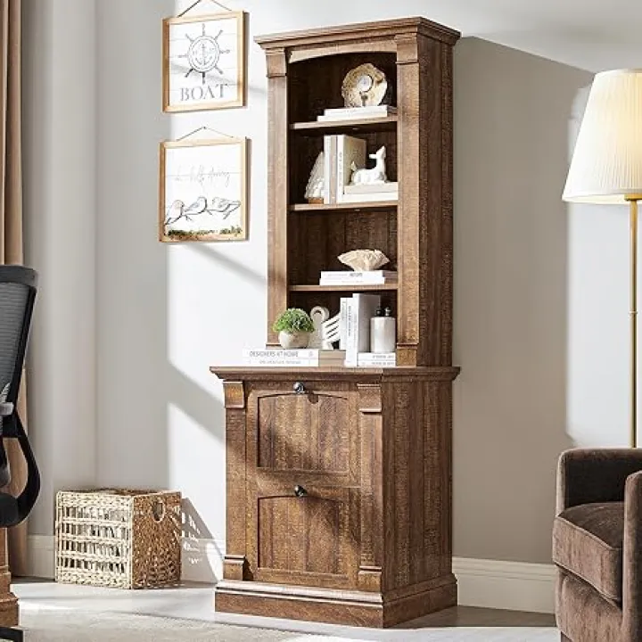 OKD Farmhouse Storage Bookcase，72" Tall Bookcase with 4-Tier Open Adjustable Shelves，Wooden Freestanding Bookshelf Storage Organizer for Home Office, Living Room，2 Drawers，Reclaimed Barnwood