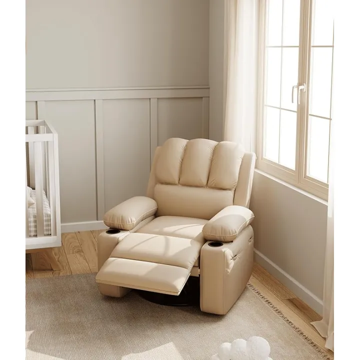 Leather Recliner Chair, Manual Recliner w/Comfortable Arms and Cup Holders for Living Room CF8011 - Beige, Medium