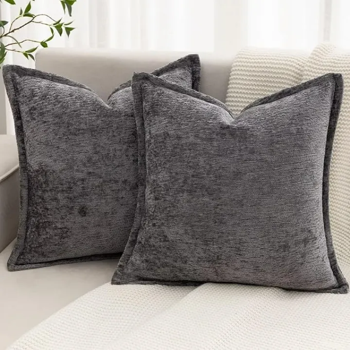 Grey Decorative Throw Pillow Covers 18x18 Inch Set of 2 Cozy Soild Chenille Cushion Cases Soft Textured Square Couch Pillows Cover Boho Accent Farmhouse Pillowcases for Sofa Bed
