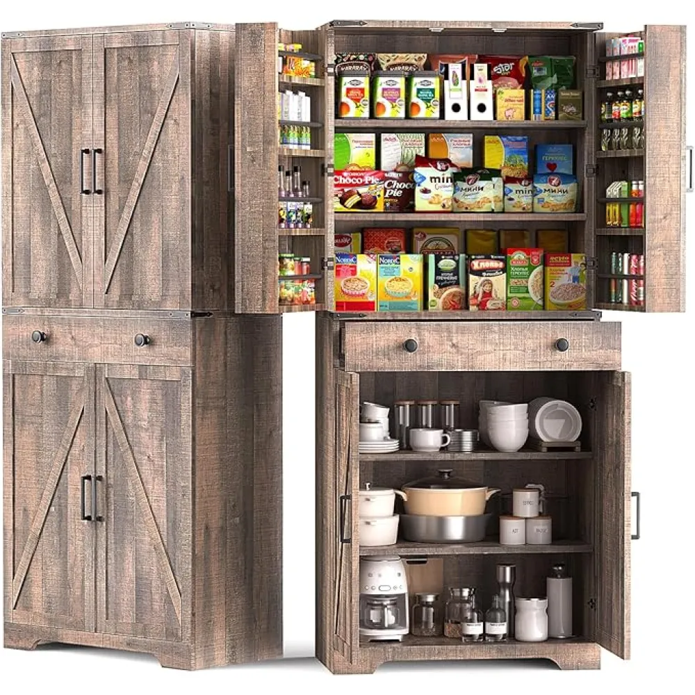 72" Tall Farmhouse Kitchen Pantry Cabinet, Large Storage Cabinet with 6 Adjustable Shelves, 4 Barn Doors & Drawer for Bathroom, Dining Room, Brown