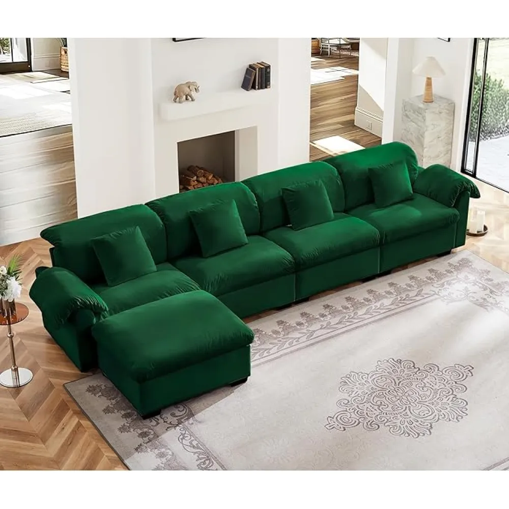 Velvet 154.7" W Modular Sectional Sofa with Storage,Fluffy Oversize 4-Seat with Waterfall Armrest and Back Cushion Comfy Design,Green L-Shaped