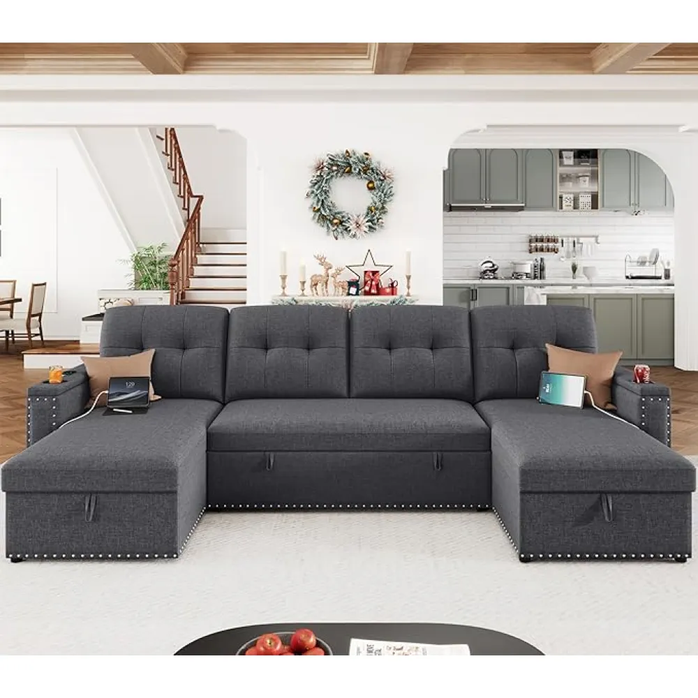 HIFIT 112" Sectional Couches for Living Room- Pull Out Sleeper Sofa Couch w/Storage Chaise,Storage Armrest,LED Light&USB Port&Cupholder, Modern Linen U Shaped Home Sofa Living Room Furniture Set, Grey