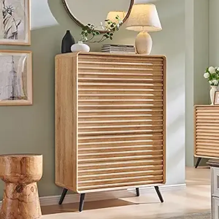 RedLemon 5 Drawers Dresser for Bedroom, 48'' Tall Mid Century Modern Wood Fluted Dresser, Chest of Drawers with Tapered Leg for Bedroom, Living Room, Hallway, Closet,Natural Oak