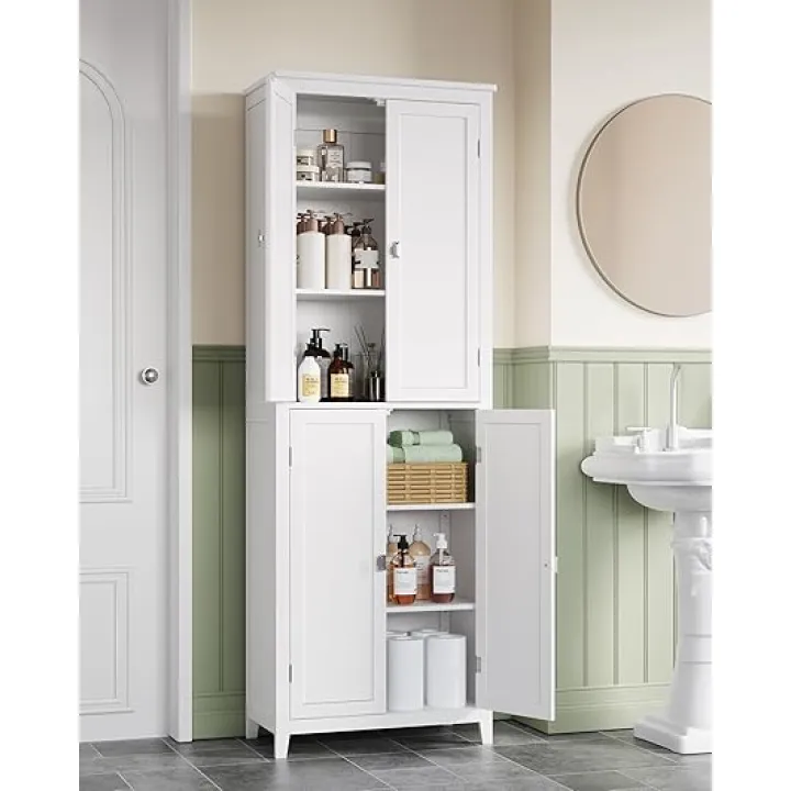 VASAGLE Bathroom Floor Storage Cabinet, Bathroom Storage Unit, Freestanding Cabinet with 4 Doors, Adjustable Shelves, 11.8 x 23.6 x 66.9 Inches, Cloud White UBBC550W01