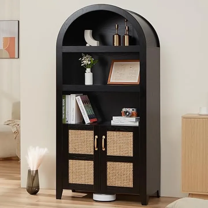 HABUTWAY 72'' Arched Storage Cabinet with Beech-Rattan Door, Tall Arched Pantry Bookshelf with Adjustable Shelves, Modern Farmhouse Wooden Bookcase Kitchen Pantry Cabinet for Living Room (Black)