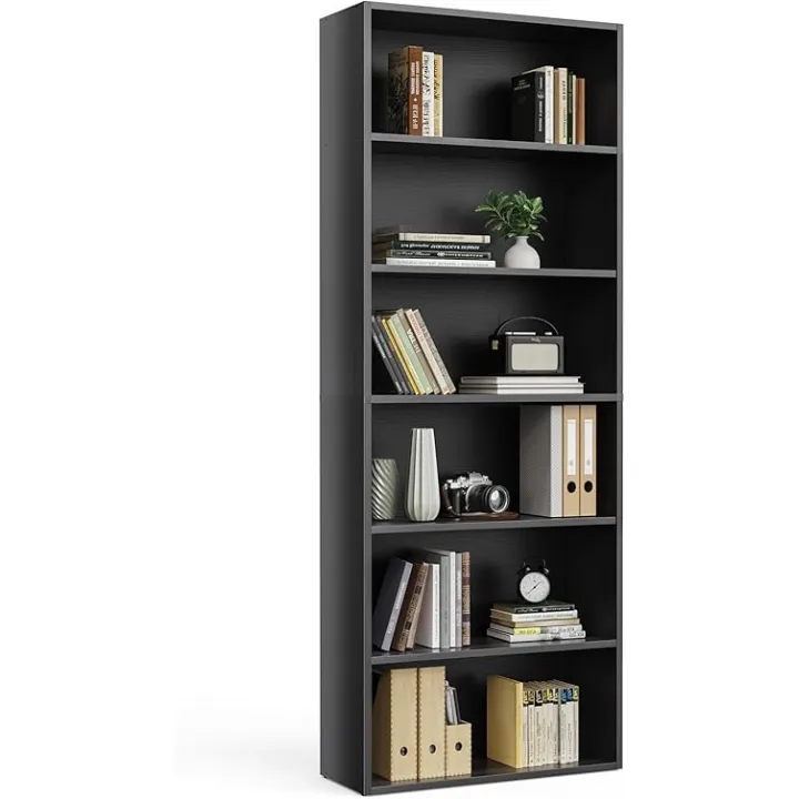 6 Open Shelf Bookcase, Large 63 Inch Tall Display Storage Shelves, Floor Standing Bookshelf for Home Office, Living Room, Black