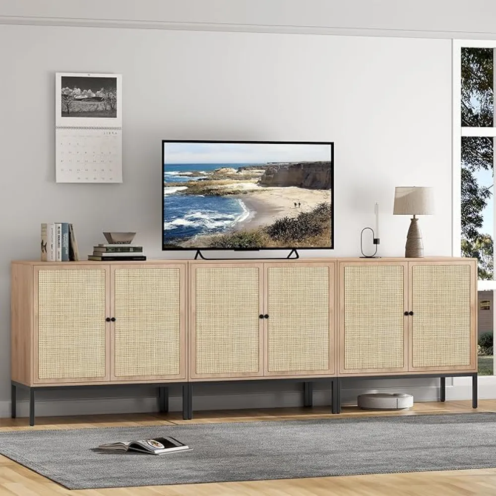 Brafab Set of 3 Rattan Cabinet, Sideboard Buffet Cabinet with Natural Rattan Decorated Doors, Accent Console Storage Cabinet, Boho Credenza for Living Room, Entryway, Bedroom, Dining Room/Square Doors