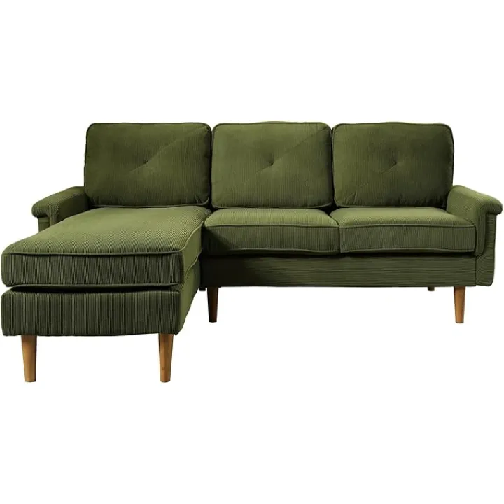 HOOOWOOO 86-Inch Corduroy Sectional Sofa, Modern L-Shaped Couch with Left Chaise, Comfortable Deep Cushions, and Wooden Legs, Luxurious Lounge Sofa for Living Room or Apartment (Green)