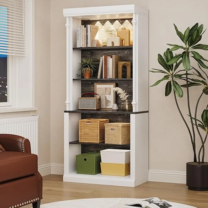 GAOMON 5-Tier Open Bookcase, Tall Roman Column Bookshelf with LED Lights, White & Black Wood Grain Adjustable Book Shelves, Freestanding Display Storage Organizer for Home Office, Living Room