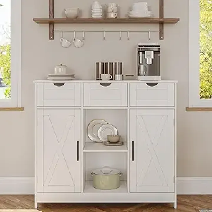 Storage Cabinet, Coffee Bar Cabinet with 2 Adjustable Shelves, 3 Drawers, and 2 Doors, for Bathroom, Kitchen, Living Room (White)