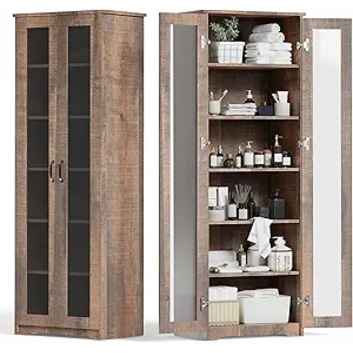 70" Tall Display Cabinet Storage, Pantry Cabinet with 2 Doors and 6 Adjustable Shelves, Standing Utility Cabinet for Dining Room, Food Storage and Kitchen, Clear and Brown