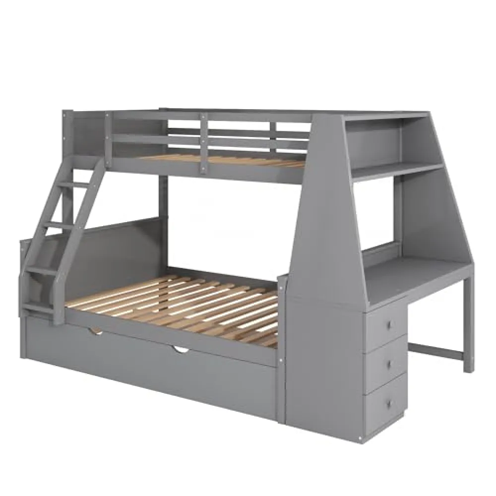Twin Over Full Bunk Bed with Trundle and Built-in Desk Grey