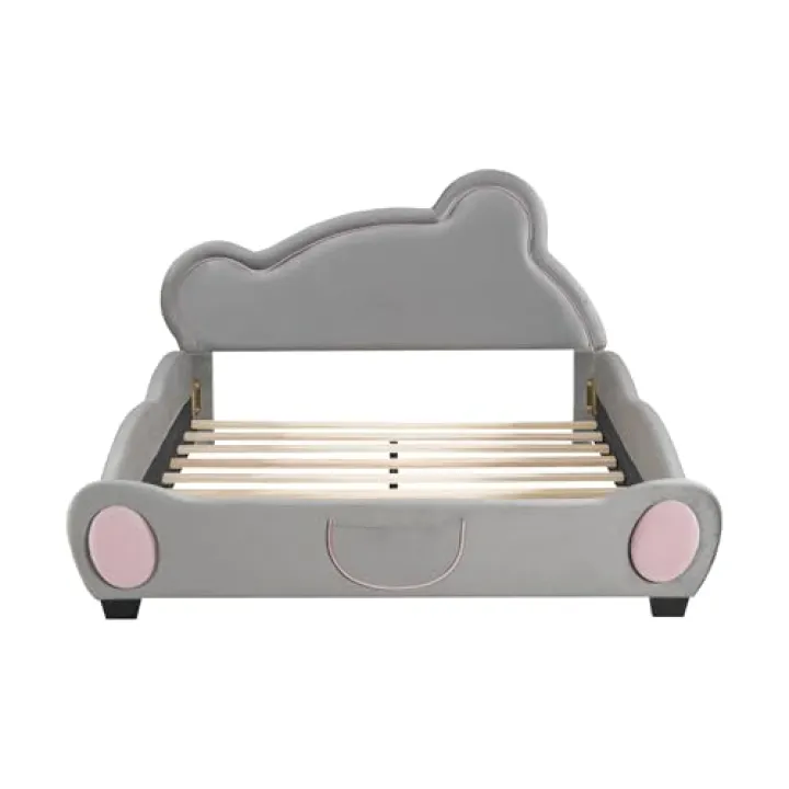 Velvet Platform Bed with Bear-Shaped Headboard and Bed-End Storage Pocket Gray - Full