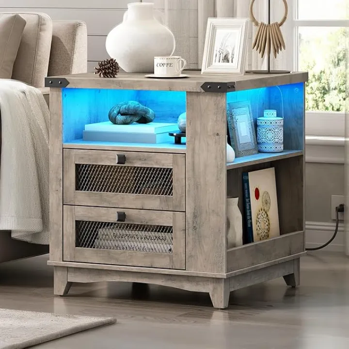Farmhouse End Table with Charging Station, 24''Large Sofa Side Table with LED Light and 2 Drawers, Square Nightstand with Side Shelves, for Bedroom, Living Room, Office, Greige