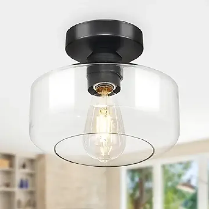 Industrial Semi Flush Mount Ceiling Light: Black Kitchen Lighting Fixtures Ceiling with Clear Glass - Vintage Hallway Light Fixtures E26 Bulb Included - 8.46” Light Fixtures Ceiling Mount for Foyer