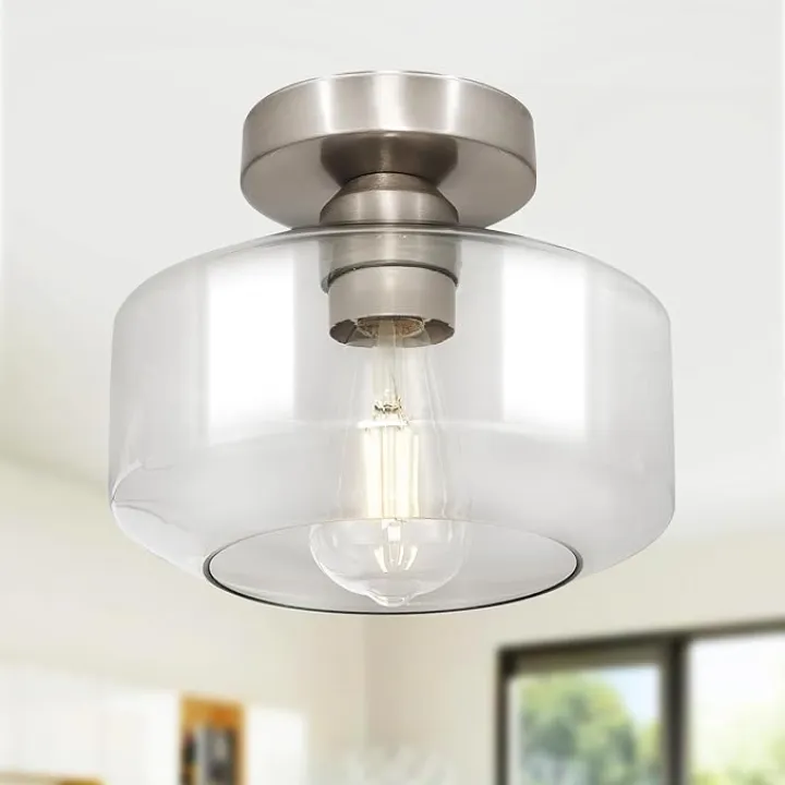 Industrial Semi Flush Mount Ceiling Light: Brush Nickel Kitchen Lighting Fixtures Ceiling with Clear Glass - Vintage Hallway Light Fixtures E26 Bulb Included - 8.46” Light Fixtures Ceiling Mount