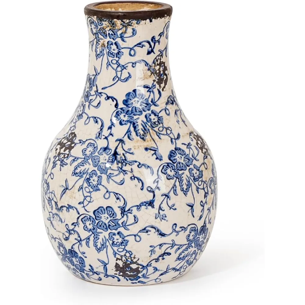 Sungmor Blue and White Ceramic Flower Vase, Vintage Ice Cracked Glaze Porcelain Vase, Pretty Centerpieces Flower Arrangement Vase for Home Decor, 8.2 Inch Decorative Vases for Table, Shelf, Mantel