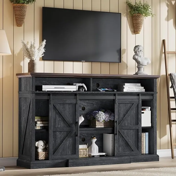 66" Farmhouse TV Stand for 75 Inch TVs, 40" Tall Entertainment Center with Sliding Barn Doors, Rustic Media Console Table Storage Cabinet w/Soundbar & Adjustable Shelves, Living Room, Dark Gray