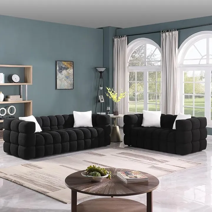 2 Piece Boucle Sofa Couch Set, Comfy Upholstered Sherpa Deep Seat Cloud Couch and Loveseat, Modern Tufted 3 Seater and 2 Seater Love Seat Sofa for Living Room Apartment Office, Black