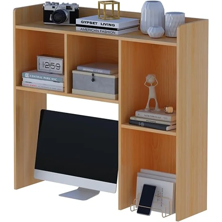 Wooden Desktop Hutch Bookshelf - Free Standing Desk Storage Shelf with Top Edge for Computer Desk, Desktop Bookcase for Dorm, Home or Office, Countertop Organizer, Oak, 37.4"