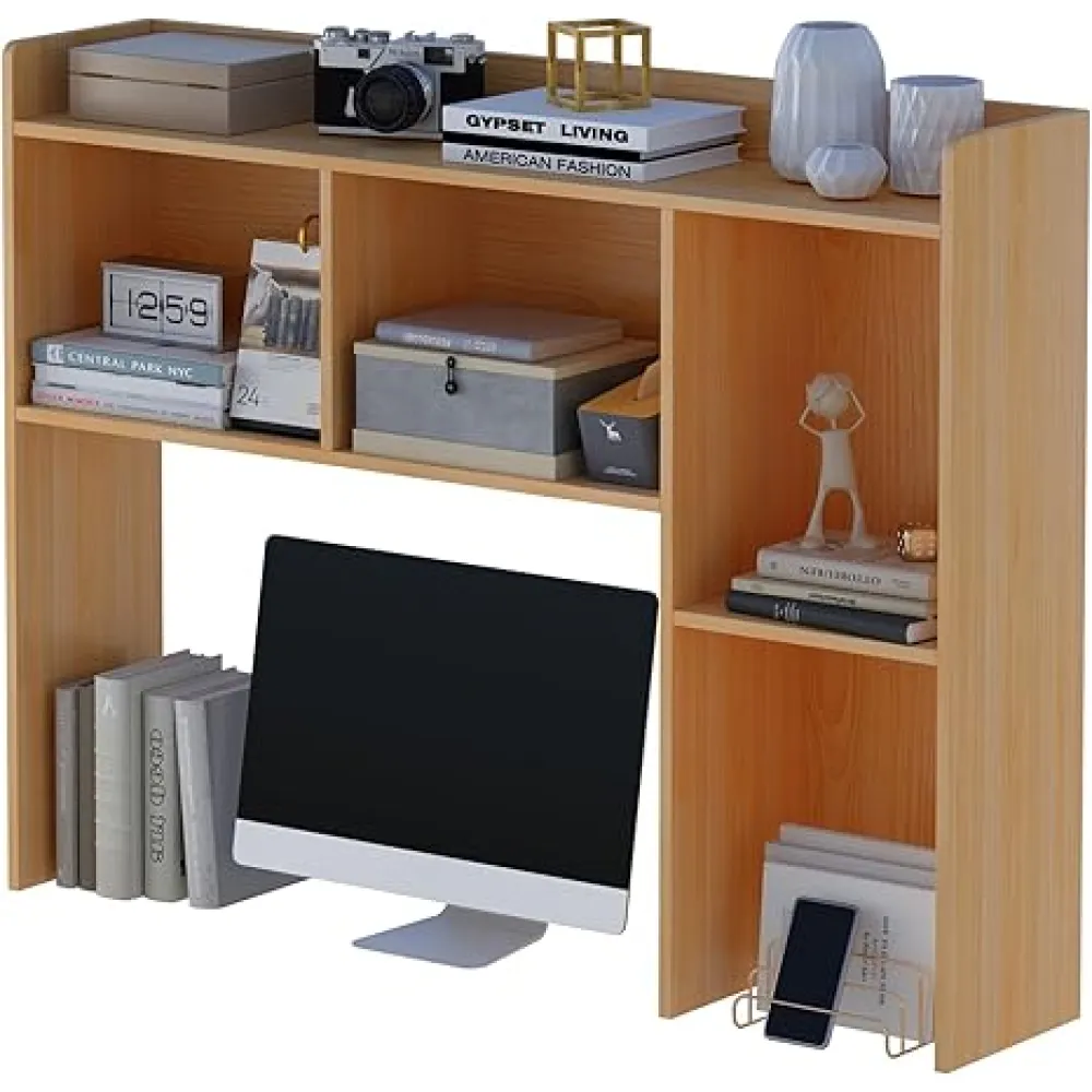 Wooden Desktop Hutch Bookshelf - Free Standing Desk Storage Shelf with Top Edge for Computer Desk, Desktop Bookcase for Dorm, Home or Office, Countertop Organizer, Oak, 45.3"