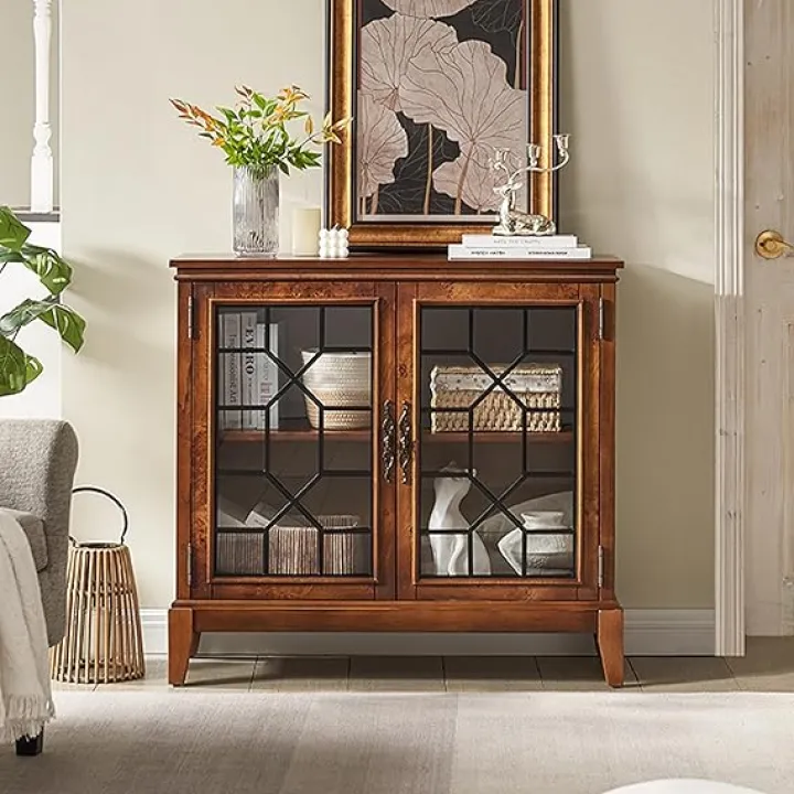 Morden Fort 36 inch Wide Accent Cabinet with 2 Doors, Vintage Style Storage Cabinet with Solid Wood Legs for Living Room, Entryway, Hallyway, Cherry