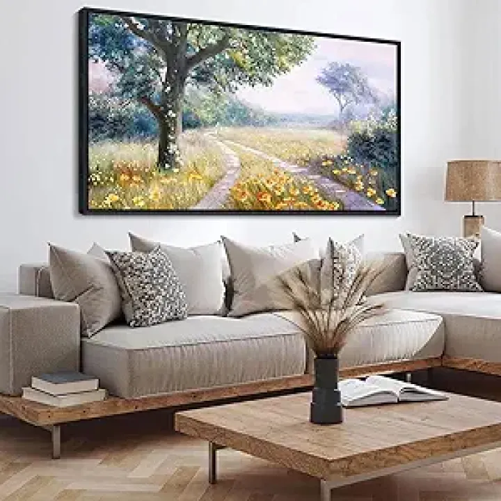 CHATYOUNG Large Framed Wall Art, Retro Countryside Path With Flowers Landscape Wall Pictures, Farmhouse Wall Paintings Art Prints For Living Room Bedroom Bathroom Kitchen Home Decor 29"X58"