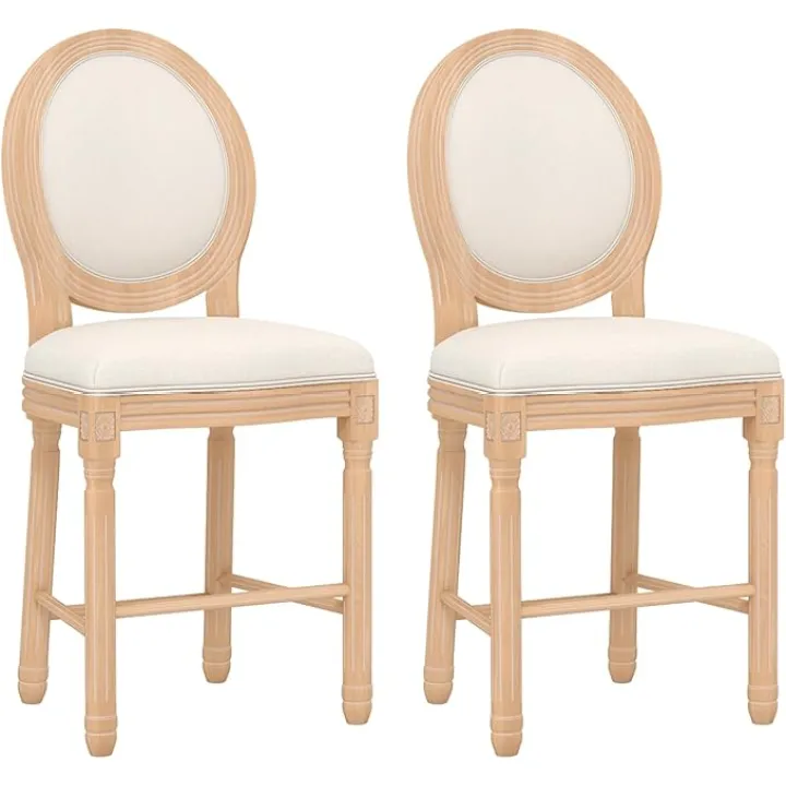 KCC Barstools Bar Height Set of 2, French Country Wooden Bar Stools with Upholstered Seating, 27 Inches Bar Chairs with Solid Wood Frame, Beige and Natural