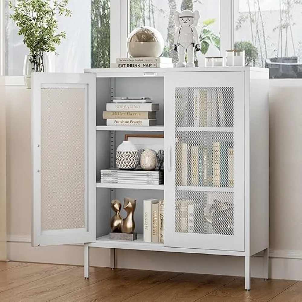 Bathroom Floor Storage Cabinet,40H Small White Cabinets for Storage with Doors,2 Door Metal Towel Freestanding Cabinet for Small Spaces,Two Door Hallway Short Cabinets,Shallow Low Cupboard