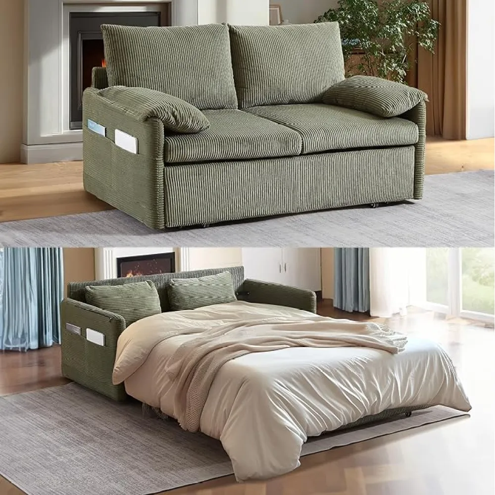 Queen Size Pull Out Couch Sleeper Sofa Bed, 3-in-1 Convertible Futon Couch for Living Room with Storage Pockets & Arm Pillows, Modern Corduroy Sofa Bed(Corduroy, Green)