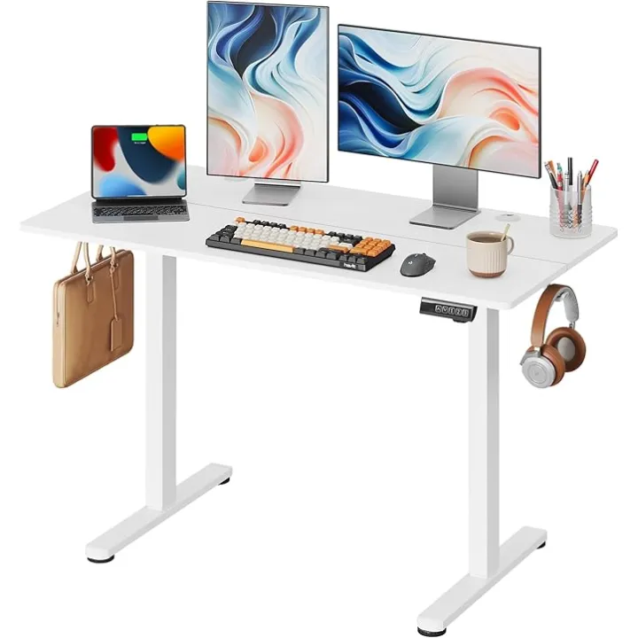 DEVAISE Electric Standing Desk, 48 X 24 Inches Adjustable Height Stand up Desk for Home Office, Ergonomic Sit to Stand Desk with Headphone Hook, 3 Memory Preset Computer Desk, White
