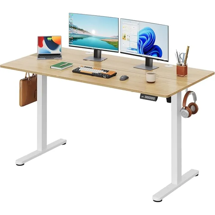 DEVAISE Electric Standing Desk, 55 X 28 Inches Adjustable Height Stand up Desk for Home Office, Large Ergonomic Sit to Stand Desk with Headphone Hook, 3 Memory Preset Computer Desk, Maple