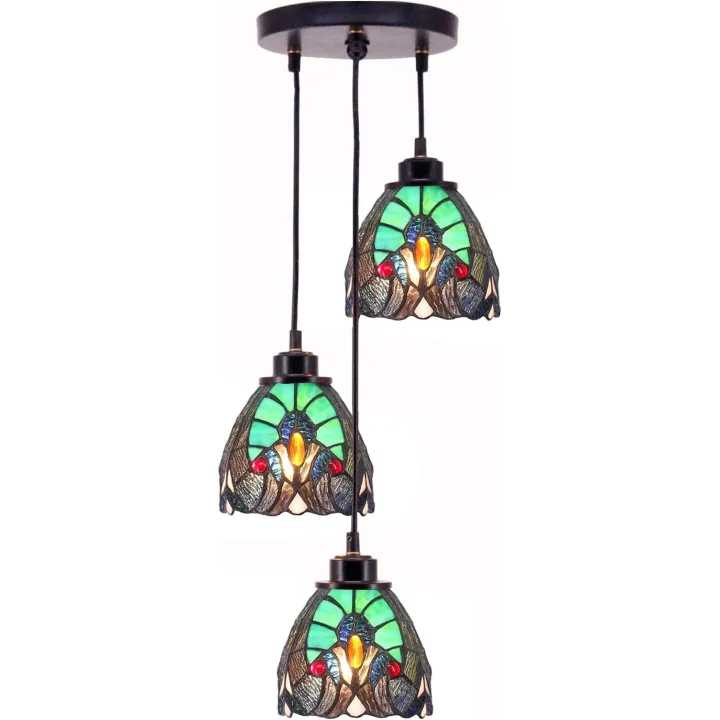 Tiffany 3-Light Pendant Light Green Liaison Stained Glass Style Light Fixture Metal Base Ceiling Lamp (Green Liaison)