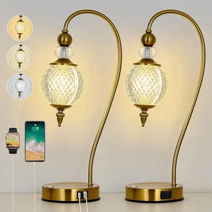 Vintage Table Lamp for Bedroom Set for 2 Mid Century Bedside Lamp with USB A and C Ports with Globe Shade Gold Night Stand Lamp for Office Living Room Reading Entryway