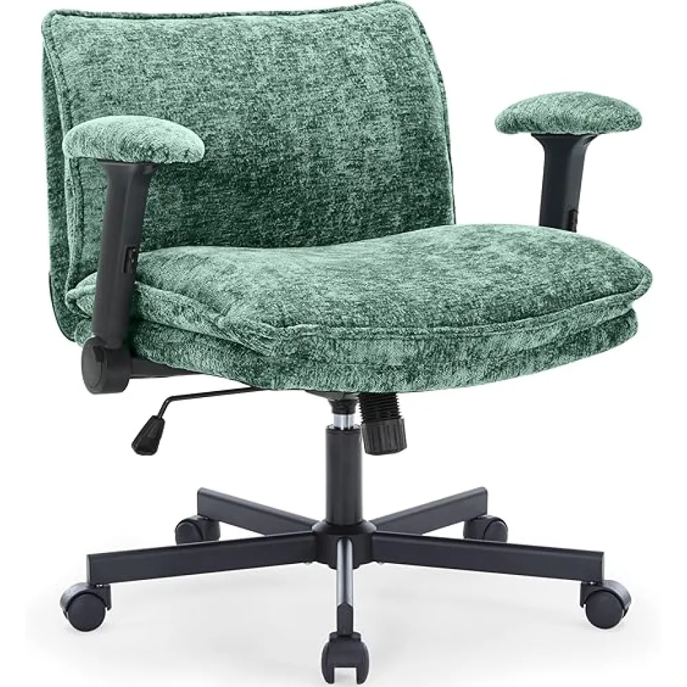 Cross Legged Office Chair with Wheels and Adjustable Flip-Arms, Criss Cross Desk Chair with Thick Cushion, Wide Seat Chair for Home Office, Apartment, Bedroom, Green