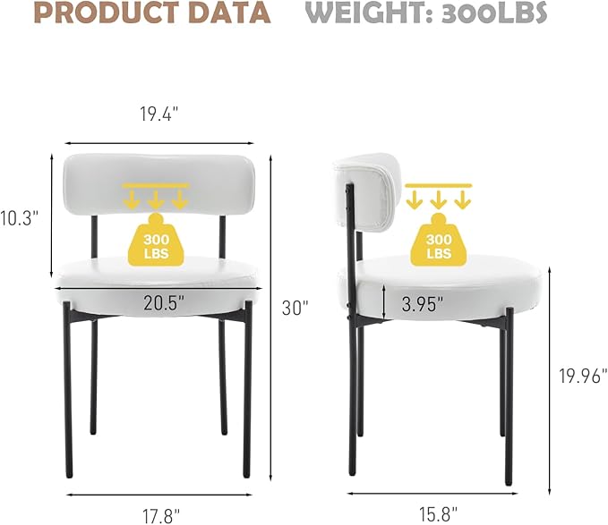 Leather Dining Chairs Set of 2, Upholstered Dining Room Chairs with Black Metal Legs, White Round Modern Dining Chair for Dining Room, Kitchen