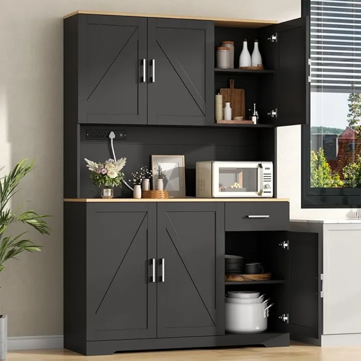71’’ Farmhouse Kitchen Pantry Cabinet, Tall Storage Cabinet with Power Outlet, Freestanding Hutch with Drawer, 4 Adjustable Shelf & 6 Doors for Kitchen Living Room (Black)