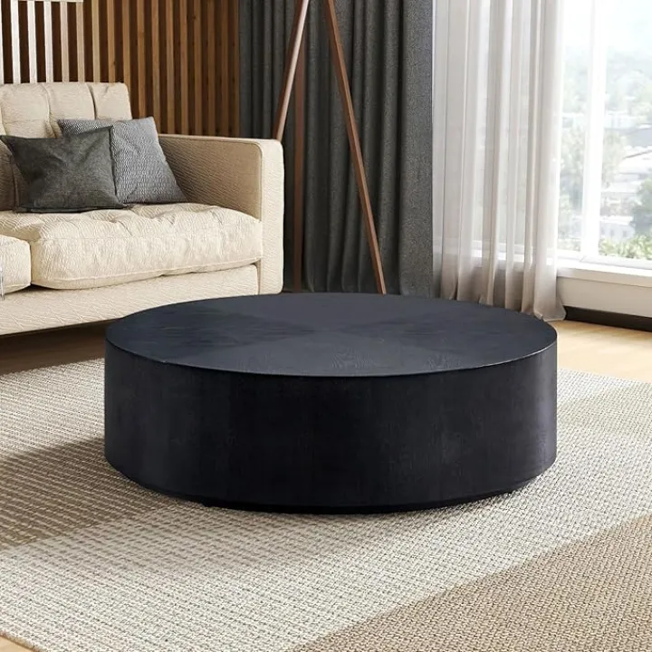 35.43 Inch Round Coffee Table, Drum Coffee Table for Living Room, Circle Center Table for Office,No Need Assembly,Black