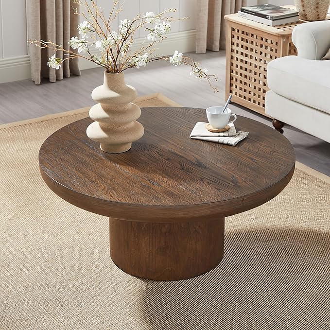35.98 Inch Round Coffee Table, Wood Pedestal Accent Circle Coffee Table, Rounded Sofa Side Table for Living Room Office,Brown